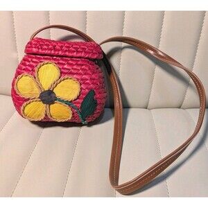 Woven Wicker Basket Purse Small Girls Floral Brown Strap Red with Yellow Flower